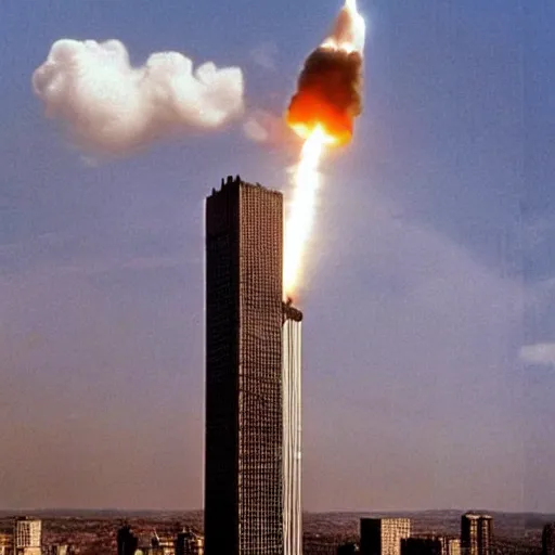 Image similar to nuclear missile destroy the world trace center towers, in american psycho ( 1 9 9 9 )