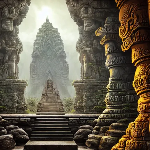 Prompt: epic cinematic mythological inspired artwork by yuvrajimaginaria. 8k 3d fractalbased figurative fantasy art. Landscape combined with a portrait. Reminds to angkor wat. Beautifully lit. Hyperdetailed maximalist. Realistic render