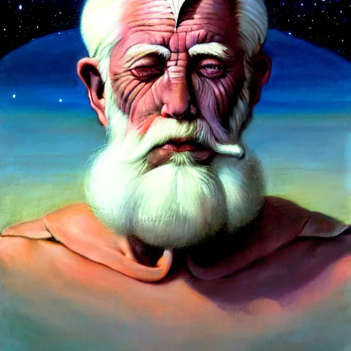 Prompt: cinematic portrait of a cosmic droid humanid, only head and chest, white hair and white beard, intricate, desaturated, Tim Hildebrandt, Wayne Barlowe, Bruce Pennington, donato giancola, larry elmore, maxfield parrish, Moebius, Thomas Ehretsmann, oil on canvas, gouache painting, masterpiece, trending on artstation, cinematic composition, dramatic pose, volumetric lighting, sharp, details, hyper-detailed, HD, 4K, 8K