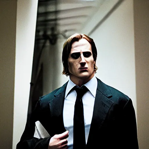 Image similar to arthas menethil as the american psycho, cinematic still