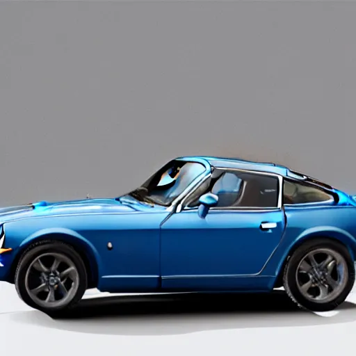 Image similar to a photorealistic image of a blue 1975 Datsun 260Z