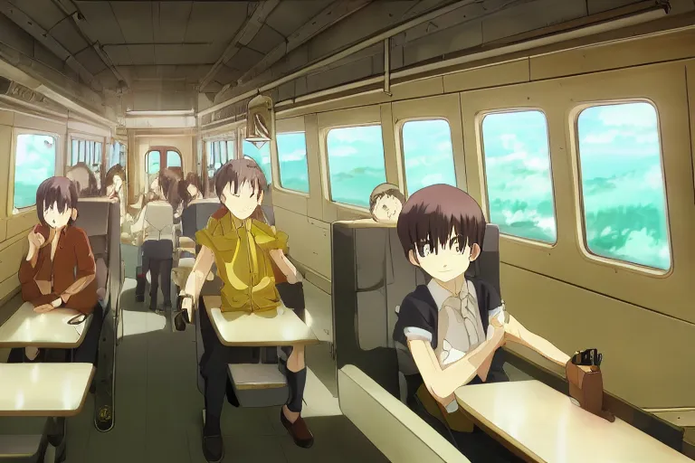 Image similar to inside a train, interior, bullet train, detailed, p. a. works, ufotable, mappa, toei animation, trending on artstation pixiv, background, in the style of makoto shinkai