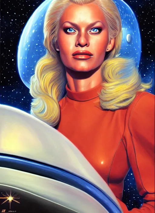 Image similar to portrait of a blonde alien plejaren woman inside a spaceship wearing a space uniform, beautiful face, hyper realistic, highly detailed digital painting by earl norem, artstation illustration co