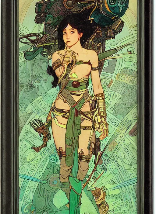 Prompt: portrait of a cyborg warrior girl character sitting on top of a robot dinosaur bird flying in space, epic character with dark skin and beautiful green eyes. the girl has a very beautiful detailed symmetrical face, long black hair. fantasy illustration by mucha