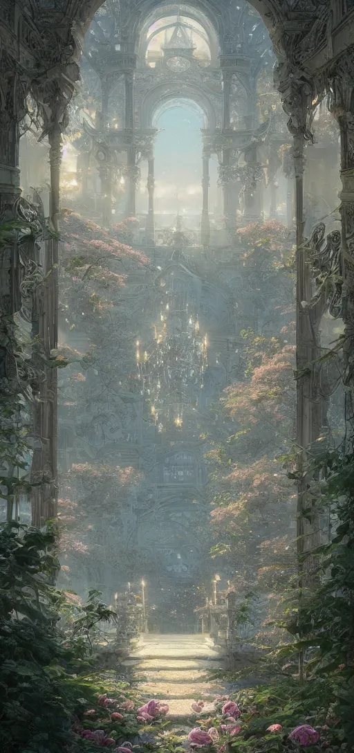 Image similar to vanishing point palace is like the kremlin covered with aqua blue roses on a lake, viewed from afar, stephen bliss, misty, unreal engine, fantasy art by greg rutkowski, loish, ferdinand knab, and lois van rossdraws,, global illumination, radiant light, minimalist, detailed and intricate environment