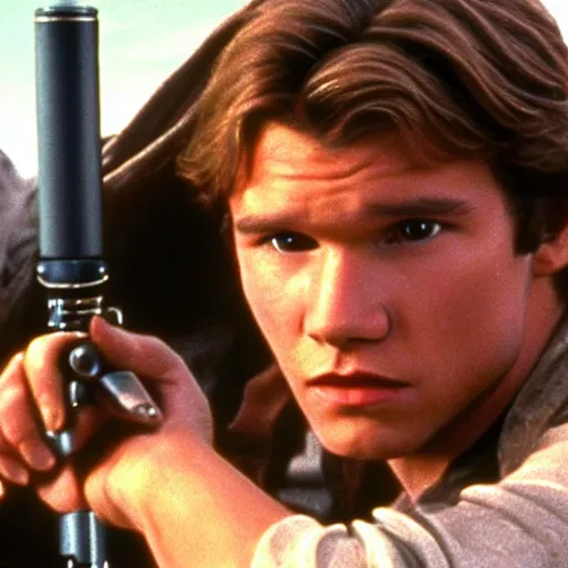 Image similar to A full color still from a film of a teenage Han Solo as a Jedi padawan holding a lightsaber hilt, from The Phantom Menace, directed by Steven Spielberg, 35mm 1990