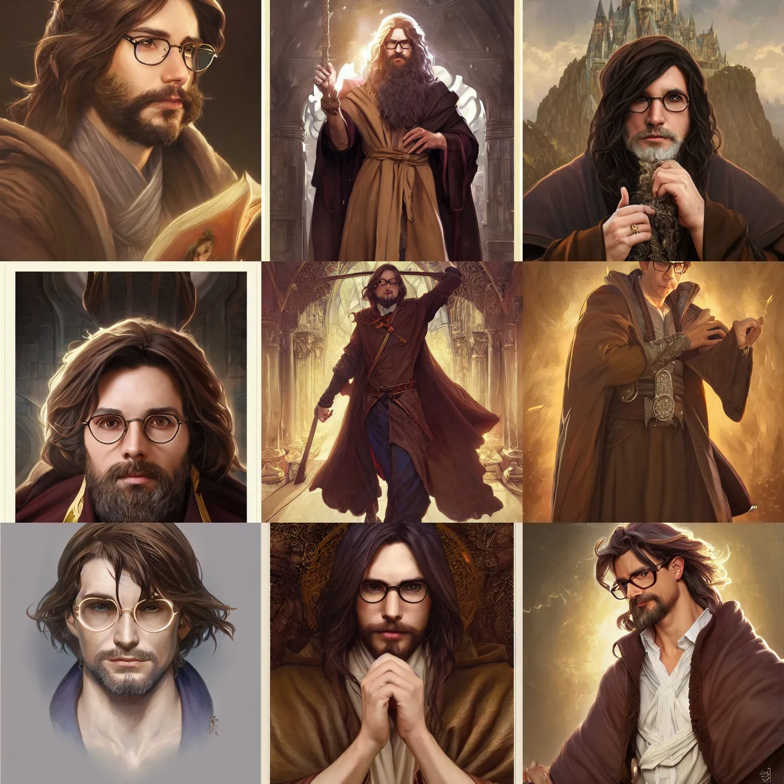 Prompt: male wizard, brown hair, robes, glasses, D&D, fantasy, character portrait, headshot, highly detailed, art by artgerm and greg rutkowski and alphonse mucha