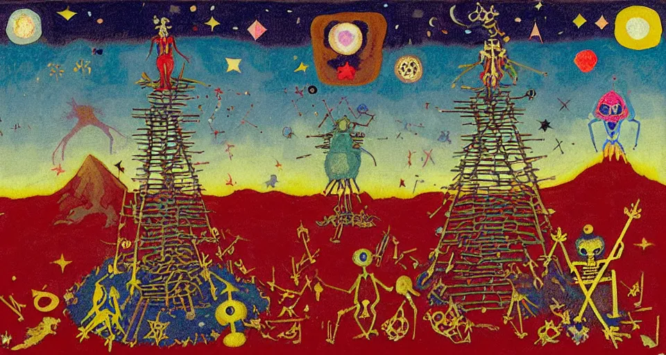 Image similar to pixel decollage painting tarot lovers card composition tower of babel road red armor maggot bear and wonky alien frog skeleton knight on a horse in a dark red cloudy night sky with golden foil jewish stars, occult symbols and diamonds, mountain lake and blossoming field in background, painted by Mark Rothko, Helen Frankenthaler, Danny Fox and Hilma af Klint, pixelated, neo expressionism, semi naive, pastel colors, cinematic, color field painting, cave painting, voxel, pop art look, outsider art, minimalistic. Bill Traylor painting, part by Philip Guston and Francis Bacon. art by Adrian Ghenie, very coherent symmetrical artwork, cinematic, hyper realism, high detail, octane render, unreal engine, Smooth gradients, depth of field, full body character drawing, extremely detailed, 8k, extreme detail, intricate detail, masterpiece