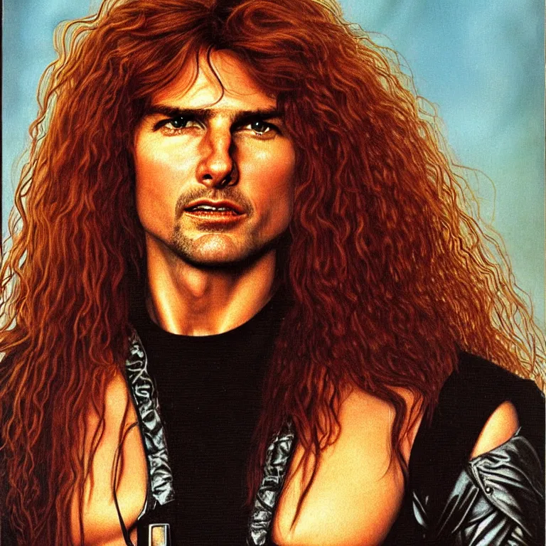 Image similar to Pre-Raphaelite portrait of Tom Cruise as the leader of a cult 1980s heavy metal band, with very long blond hair and grey eyes