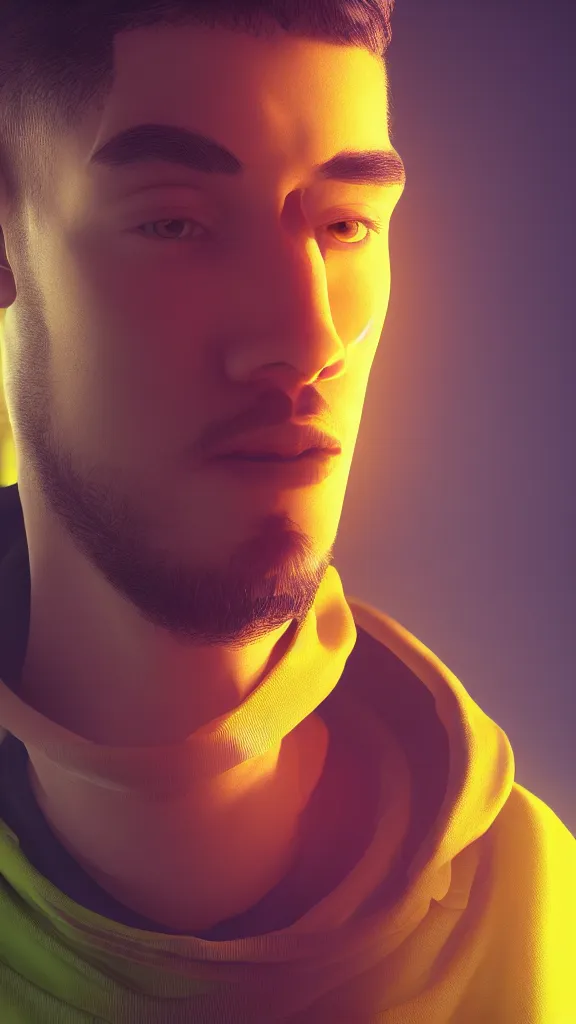 Image similar to close up portrait of young handsome it engineer in a yellow sweatshirt. cyberpunk, volumetric lighting, 4 k, hd, artstation, deviantart