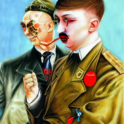 Prompt: UHD photorealistic detailed image of young Klaus Schwab and Hitler, both wearing extremely intricate clown makeup by Ayami Kojima, Amano, Karol Bak, tonalism