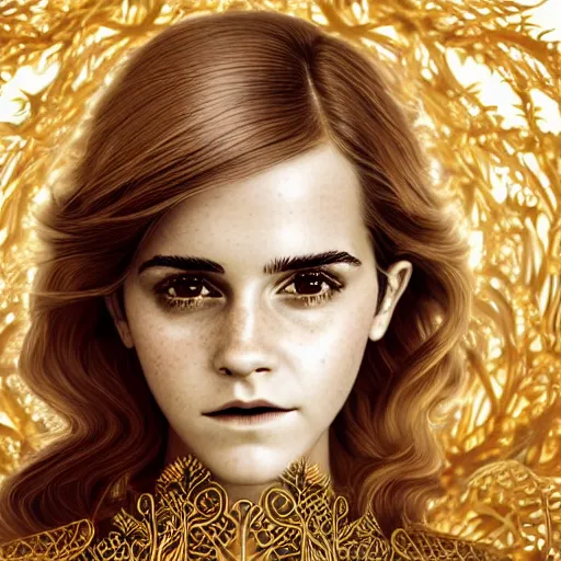 Image similar to Ultra detailed beautiful 3d render of a emma watson, beautiful woman face, long shiny hair, symmetrical composition, macro, intricate thin details in gold, crown made of fantasy flowers and leaves, fractal vines, octane render, 8k, high quality, volumetric lighting, color grading, by James Jean and WLOP and Victo Ngai and Craig Mullins