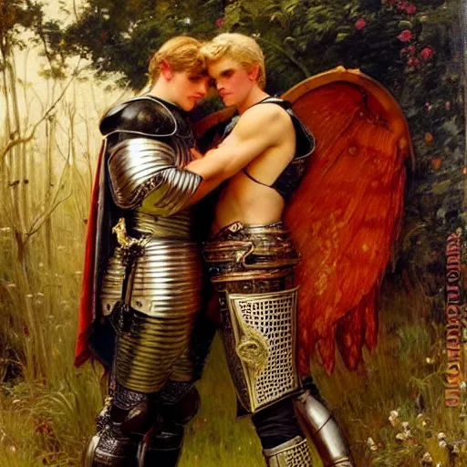 Image similar to attractive fully clothed arthur pendragon confesses his love for his attractive fully clothed male knight. highly detailed painting by gaston bussiere and j. c. leyendecker 8 k