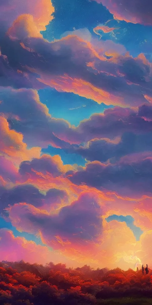 Prompt: A beautiful illustration of beautiful burning cloud in the evening sky, breathtaking clouds, The cloud is ethereal and mystical, and it seems to be glowing from within, buildings, trees, birds, iridescent, black, dark, pink, golden, red, orange, wide angle, by makoto shinkai, Wu daozi, very detailed, deviantart, 8k vertical wallpaper, tropical, colorful, airy, anime illustration, anime nature wallpap