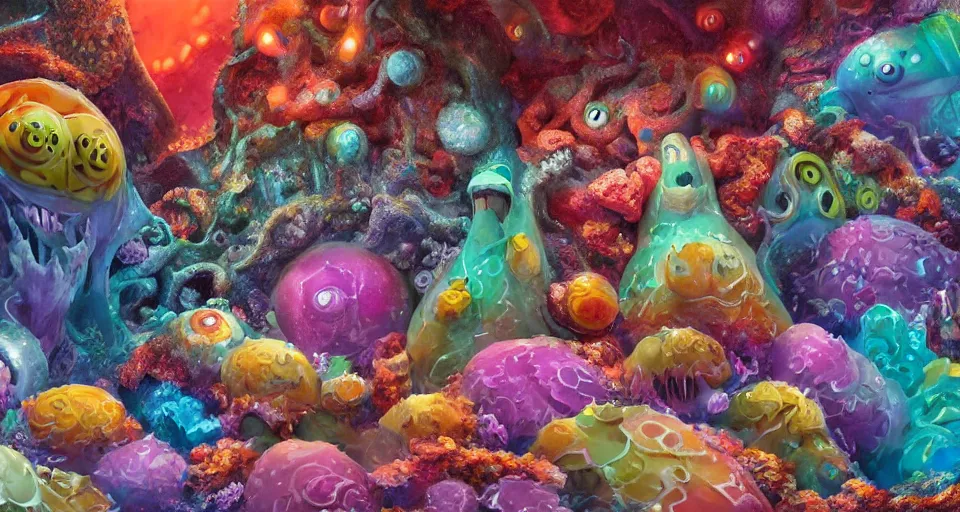 Prompt: of a colorful deep sea cavern with strange cute friendly creatures with huge eyes, mouth, long tongue and round teeth appearing from the cloudy sandy coral, in the style of gehry and gaudi, macro lens, highly detailed, digital painting, trending artstation, concept art, illustration, cinematic lighting, vibrant colors, photorealism, epic, octane render