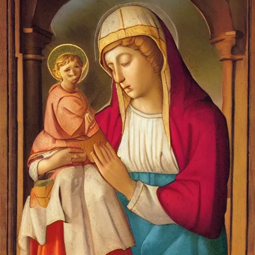 Image similar to christian art, mary holding a large pile of candy