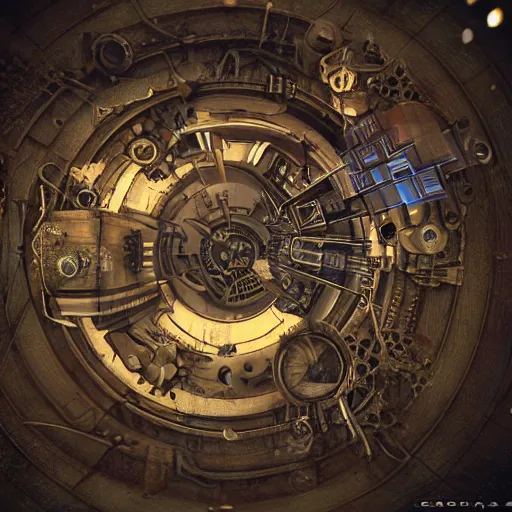 Image similar to clockwork city in space, steam punk, 3 d, detailed, rustic, cubism