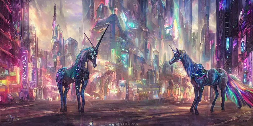 Image similar to unicorn in a futuristic cyberpunk town. By Konstantin Razumov, highly detailed