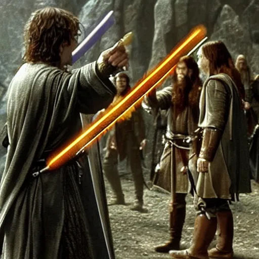 Prompt: A scene from Lord of the Rings, all characters have lightsabers, weta workshop, high quality, movie scene