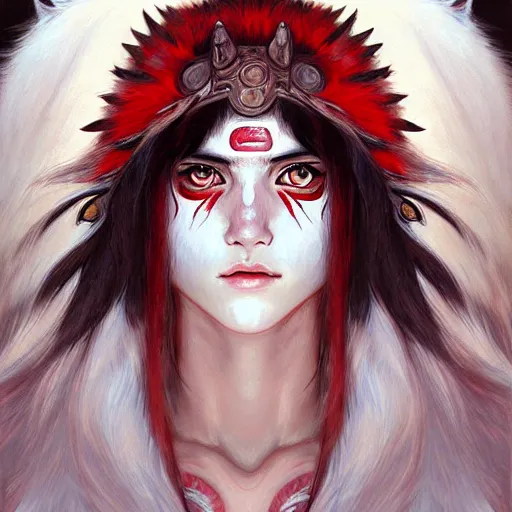 Image similar to Portrait of Princess Mononoke with red facepaint under her eyes, white fur, face, fantasy, intricate, elegant, highly detailed, digital painting, artstation, concept art, smooth, sharp focus, illustration, art by Fernanda Suarez and Artem Demura and alphonse mucha