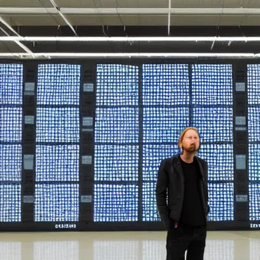 Prompt: thom yorke inside the center of a walmart is displayed for each of the twelve targets, it moves in a loop, the target turns black when a shot is fired at it, the black dot will appear at the same point in the next loop.