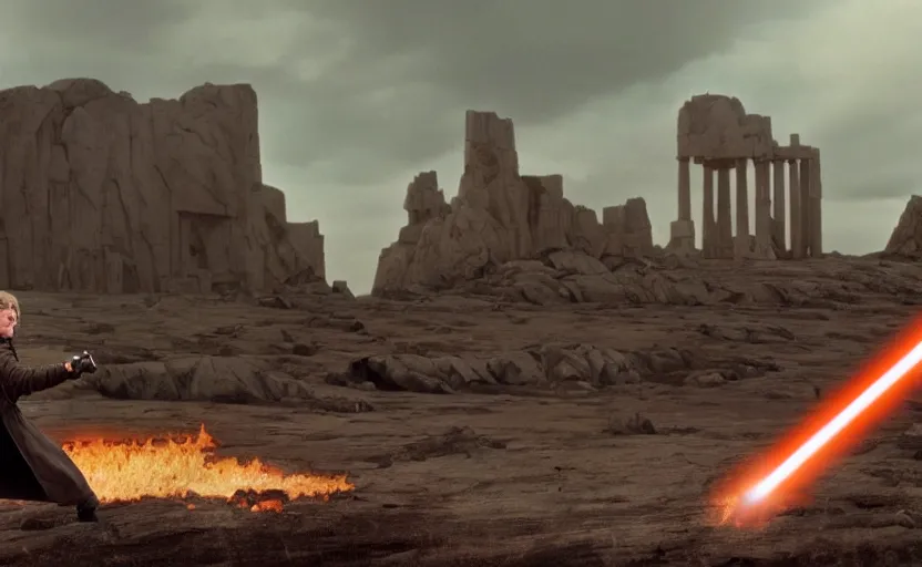 Prompt: screenshot of Luke Skywalker battling the ghost of Emporer Palpatine, with scattered ruins of a fiery jedi rock temple in the background, iconic scene from 1970s film by Stanley Kubrick, force unleashed, 4k HD, cinematic lighting, beautiful portrait of Mark Hammill, moody scene, stunning cinematography, mcu effects, anamorphic lenses, kodak color film stock, massive battlefront, mcu style, explosions, fire reak real life, spotted ultra realistic, 4K, movie still, UHD, sharp, detailed, cinematic, render, modern