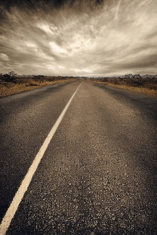 Prompt: photo of a road with no end, sepia dust filling background, photorealistic, tonemapped