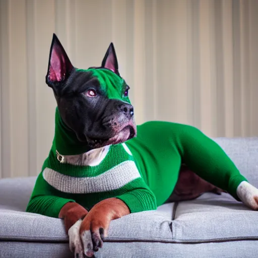 Prompt: American Staffordshire terrier wearing a green sweater, sitting on a sofa, 8k