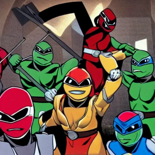 Prompt: power rangers fighting with teenage mutant ninja turtles