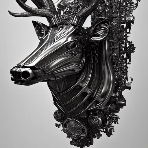 Image similar to chrome stag made of corvette parts in a lush forest :: moody, ornate, dynamic, particulate, intricate, elegant, highly detailed, centered, artstation, smooth, sharp focus, octane render