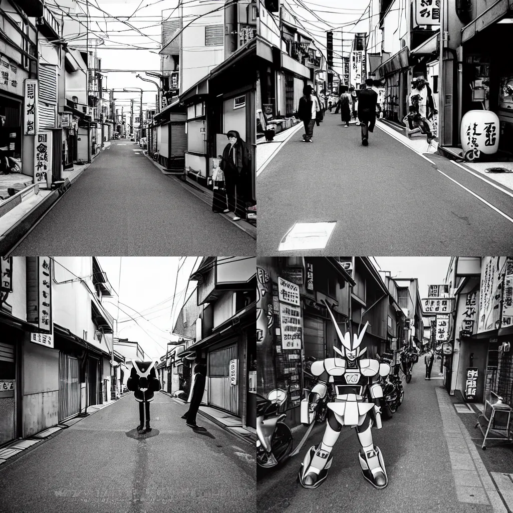 Prompt: Mazinger-Z in a working-class district street in japan, b&w photo
