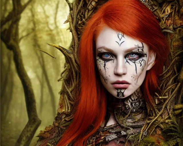 Prompt: 5 5 mm portrait photo of an armored gorgeous anesthetic redhead woman warrior with a face tattoo and wing growing from her head, in a magical forest in the style of stefan kostic, art by luis royo. highly detailed 8 k. intricate. lifelike. soft light. nikon d 8 5 0. cinematic post - processing