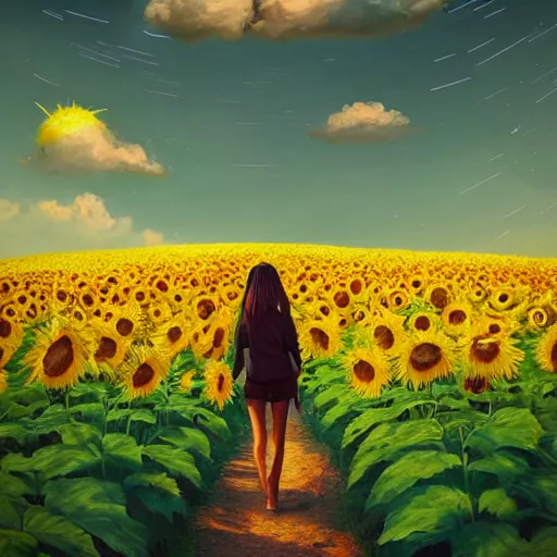 Image similar to huge sunflower head, girl walking in wheat field, hills, surreal photography, dark night, star trails, dramatic light, impressionist painting, clouds, digital painting, artstation, simon stalenhag