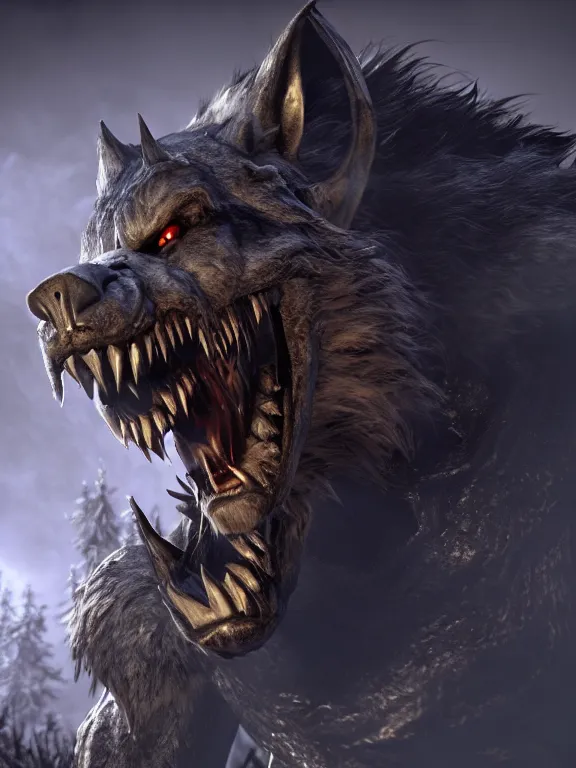 Image similar to cute handsome cuddly burly surly werewolf from van helsing unreal engine hyperreallistic render 8k character concept art masterpiece screenshot from the video game the Elder Scrolls V: Skyrim