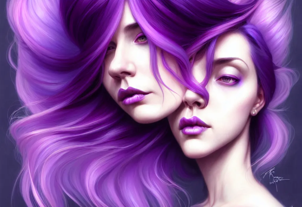 Image similar to Purple hair relistic Portrait of a two woman with bright colored flying hair, all shades of purple. Beauty face, Hair coloring, fantasy, intricate, elegant, highly detailed, digital painting, artstation, concept art, smooth, sharp focus, illustration, art by artgerm and greg rutkowski and alphonse mucha