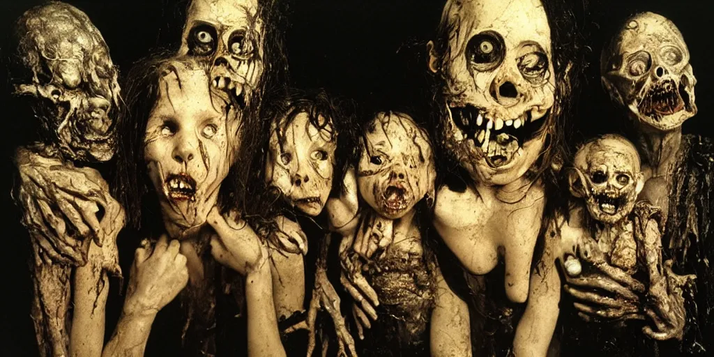 Prompt: studio portrait of a happy creepy mud familyby bob bottin, horror grotesque, realistic detailed photography, filth and grim 1 9 9 0's