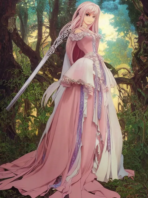 Prompt: anime key visual of barbie wearing a medieval gown!! intricate, magical forest, stunning, highly detailed, digital painting, artstation, smooth, hard focus, illustration, art by artgerm and greg rutkowski and alphonse mucha