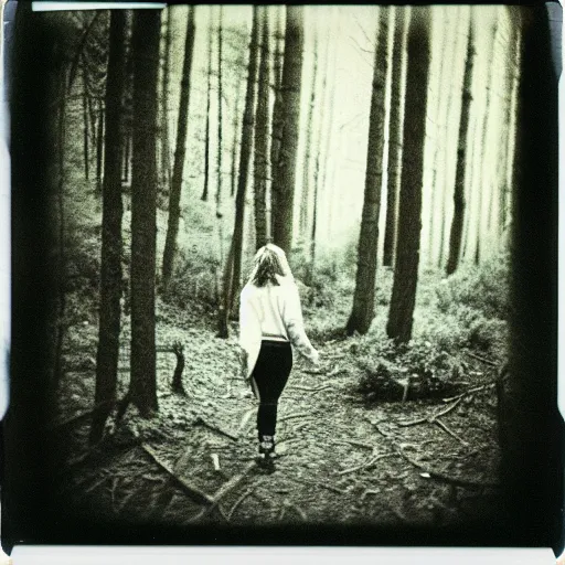 Prompt: Woman in the woods, old polaroid photography, grainy film, black and white