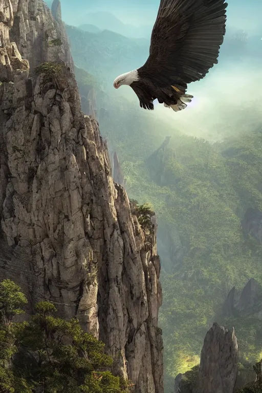 Image similar to portrait, white eagle flying over the huashan trail, dramatic lighting, cinematic, establishing shot, extremly high detail, photo realistic, cinematic lighting, post processed, concept art, artstation, matte painting, style by eddie mendoza, raphael lacoste, alex ross