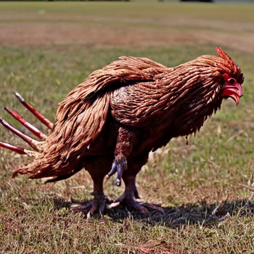 Image similar to a giant, brown war chicken with glowing red eyes and sharp claws