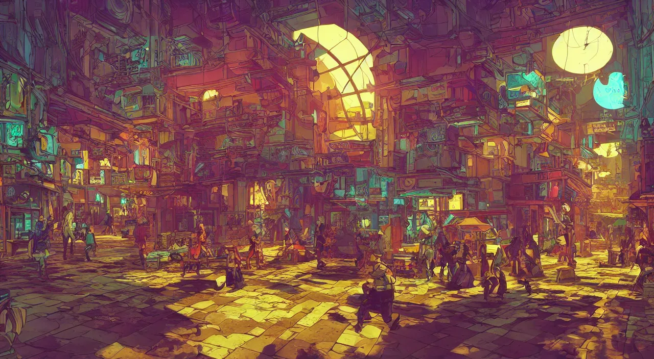 Image similar to bazaar zouk oriantal full color sky shine place mosquet painting stylized digital illustration video game icon global illumination ray tracing that looks like it is from borderlands and by feng zhu and loish and laurie greasley, victo ngai, andreas rocha, john harris