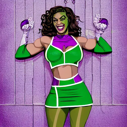 Image similar to Singer Beyoncé as She-Hulk, white leotard with two purple vertical stripes, green skin, wearing purple and white fingerless gloves, wearing purple and white sneakers, mini skirt, smiling, photorealistic, comic pinup style, sports illustrated, detailed legs, hyperreal, surreal, artstation, bokeh, tilt shift photography, photo illustration, Roge Antonio, Jen Bartel