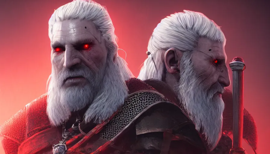 Image similar to a digital art portrait of an old pale warrior with glowing red eyes and grey beard character design from dark souls, old witcher character sheet, 4 k, ultra detail, volumetric lighting, unreal engine, octane render