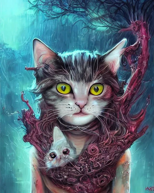 Image similar to a cute bloody kitty cat played by kate bckinsale, created by antonio j. manzanedo, giger, alex grey, android jones, wayne barlowe, philippe druillet, raymond swanland, cyril rolando, josephine wall, harumi hironaka, trending on artstation