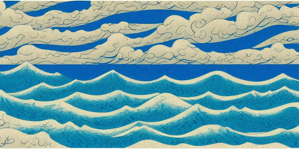 Prompt: clouds and waves, An aesthetically pleasing, dynamic, energetic, lively, well-designed digital art of a beach, ripples, waves, sea foam, light and shadow, overlaid with aizome patterns, Shin-hanga by Bob Ross, traditional Japanese colors, superior quality, masterpiece