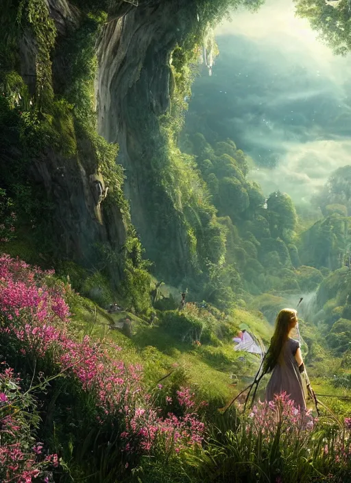 Image similar to an elegant fairy with wings of lace in a lord of the rings scenery landscape, looking out at a vast lush valley flowers and wood structures, stream, sunrise, god's rays highly detailed, vivid color, cinematic lighting, perfect composition, 8 k, gustave dore, derek zabrocki, greg rutkowski, belsinski, octane render