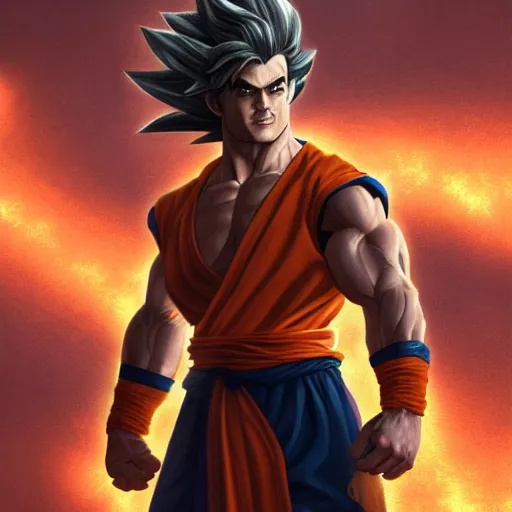 Image similar to henry cavill as goku, au naturel, hyper detailed, digital art, trending in artstation, cinematic lighting, studio quality, smooth render, unreal engine 5 rendered, octane rendered, art style by klimt and nixeu and ian sprigger and wlop and krenz cushart