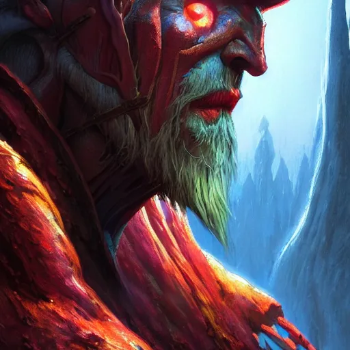 Image similar to bright, colorful, realistic, detailed from Elder Scrolls: shivering isles concept art Geiger and Beksiński frost giant portrait backlighting, kodachrome, high contrast, highly detailed, sharp focus, digital painting, concept art, illustration, trending on artstation, comic book by Alex Ross and Adam Adamowicz cover art