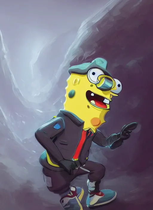 Prompt: SpongeBob wearing a black puffer jacket, wearing a baseball cap, elegant, digital painting, concept art, smooth, sharp focus, illustration, from StarCraft by Ruan Jia and Mandy Jurgens and Artgerm and William-Adolphe Bouguerea