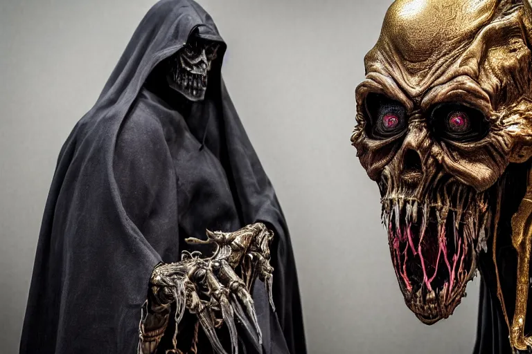 Prompt: photo taken of an epic intricate, ultra detailed, super realistic sculpture of a nightmarish hellish demonic hooded grim reaper animatronic on display in a workshop, created by weta workshop, zoomed in shots, photorealistic, sharp focus, f 0. 4, face centred, macro photography, golden ratio, golden hour